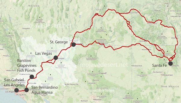 map of old spanish trail from Santa Fe, New Mexico, west to San Gabriel, California